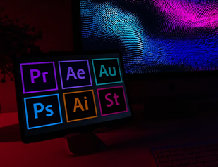 Mini monitor with Adobe product logos.