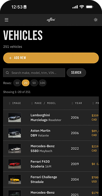 Affini mobile view of a dealership's digital showroom. The dark mode screen displays a filterable list of 251 vehicles in stock, including high-value models like a 2006 Lamborghini Murciélago Roadster, a 2006 Aston Martin DB9 Volante, and a 2022 Mercedes-Benz S580 Maybach with Canadian pricing (CAD) prominently shown.