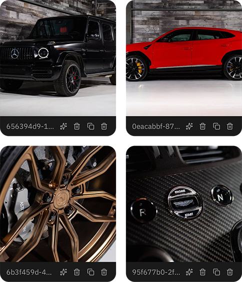Screen capture of the Affini automotive CMS inventory management dashboard. It shows a media library grid featuring listings for a black Mercedes-Benz G-Wagon, a red Lamborghini Urus, and detailed macro shots of a bronze Aston Martin alloy wheel and a carbon fiber center console with push-button transmission controls.